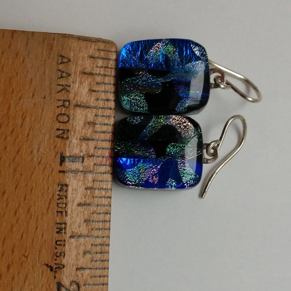 Hand Made Blue and Black Dangle Earrings With Dichroic Square Glass Beads - Picture 16 of 16